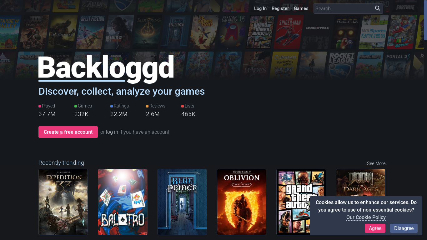 website screenshot of https://backloggd.com/