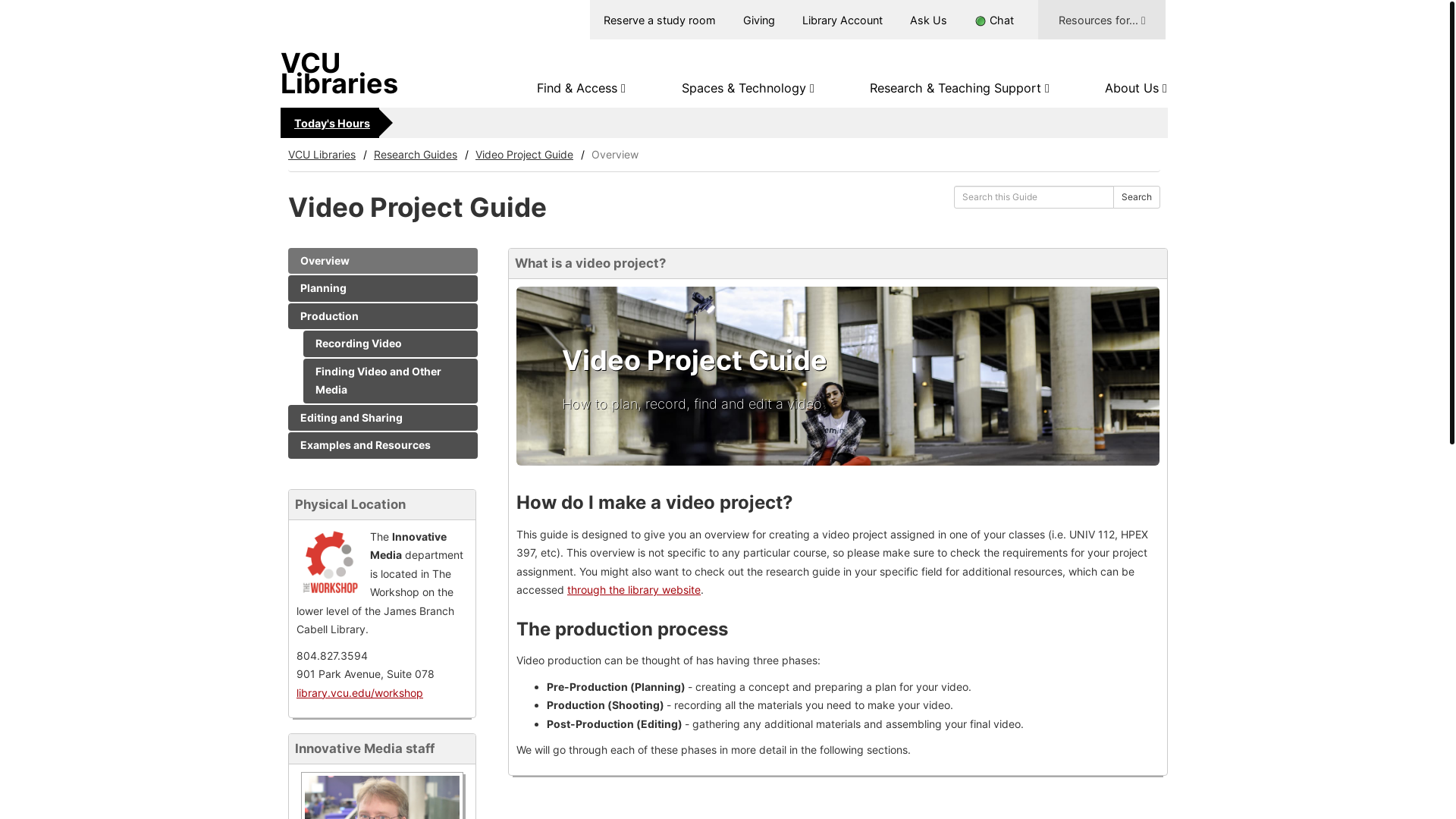 website screenshot of https://guides.library.vcu.edu/videoproject