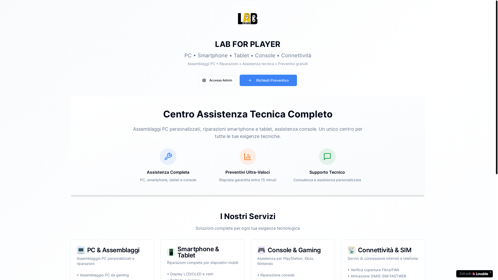 website screenshot of https://preventivilabforplayer.it/