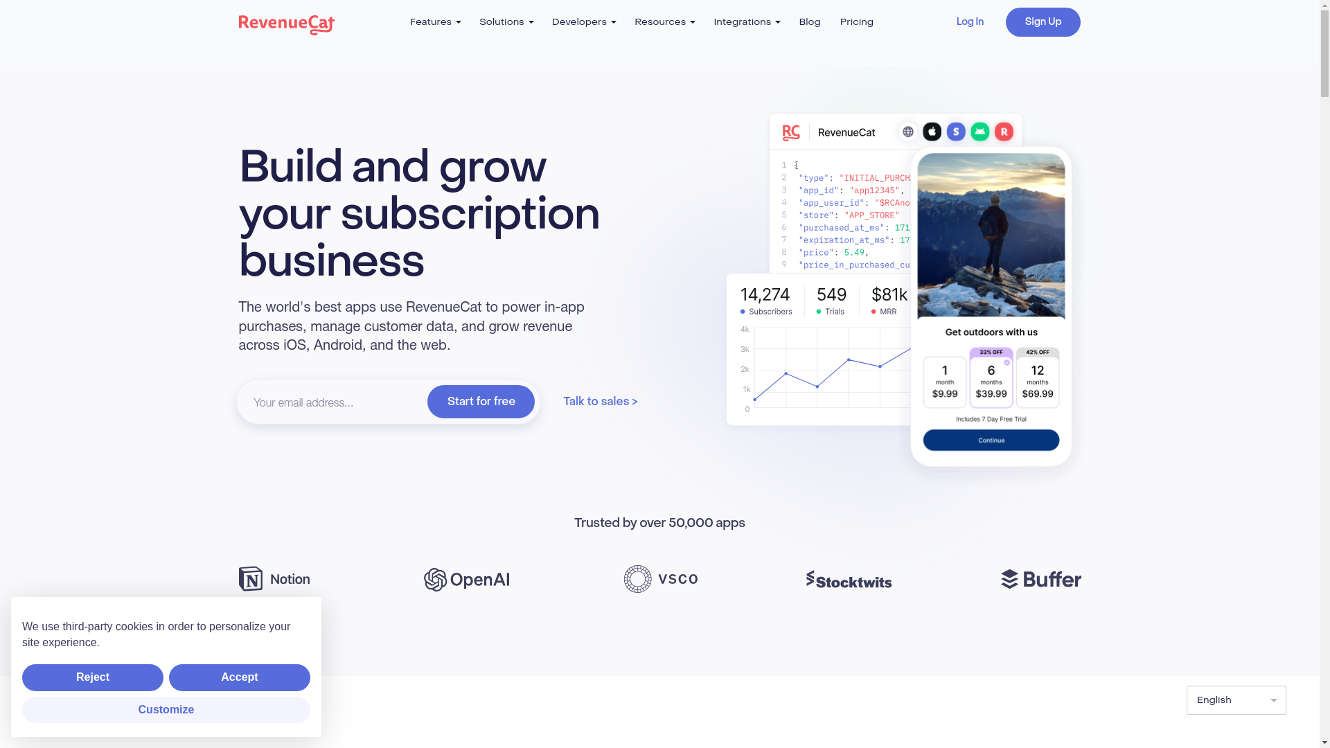 website screenshot of https://revenuecat.com