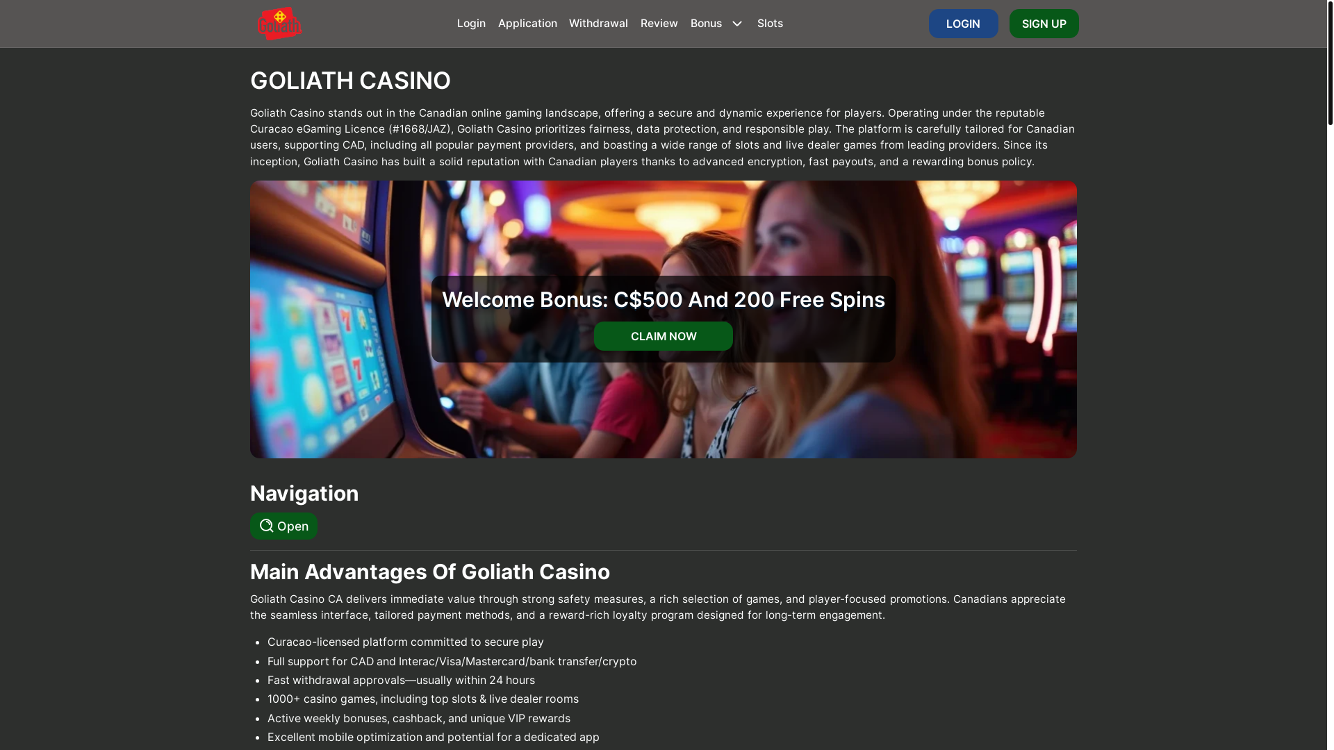 website screenshot of https://goliathcasino.ca/