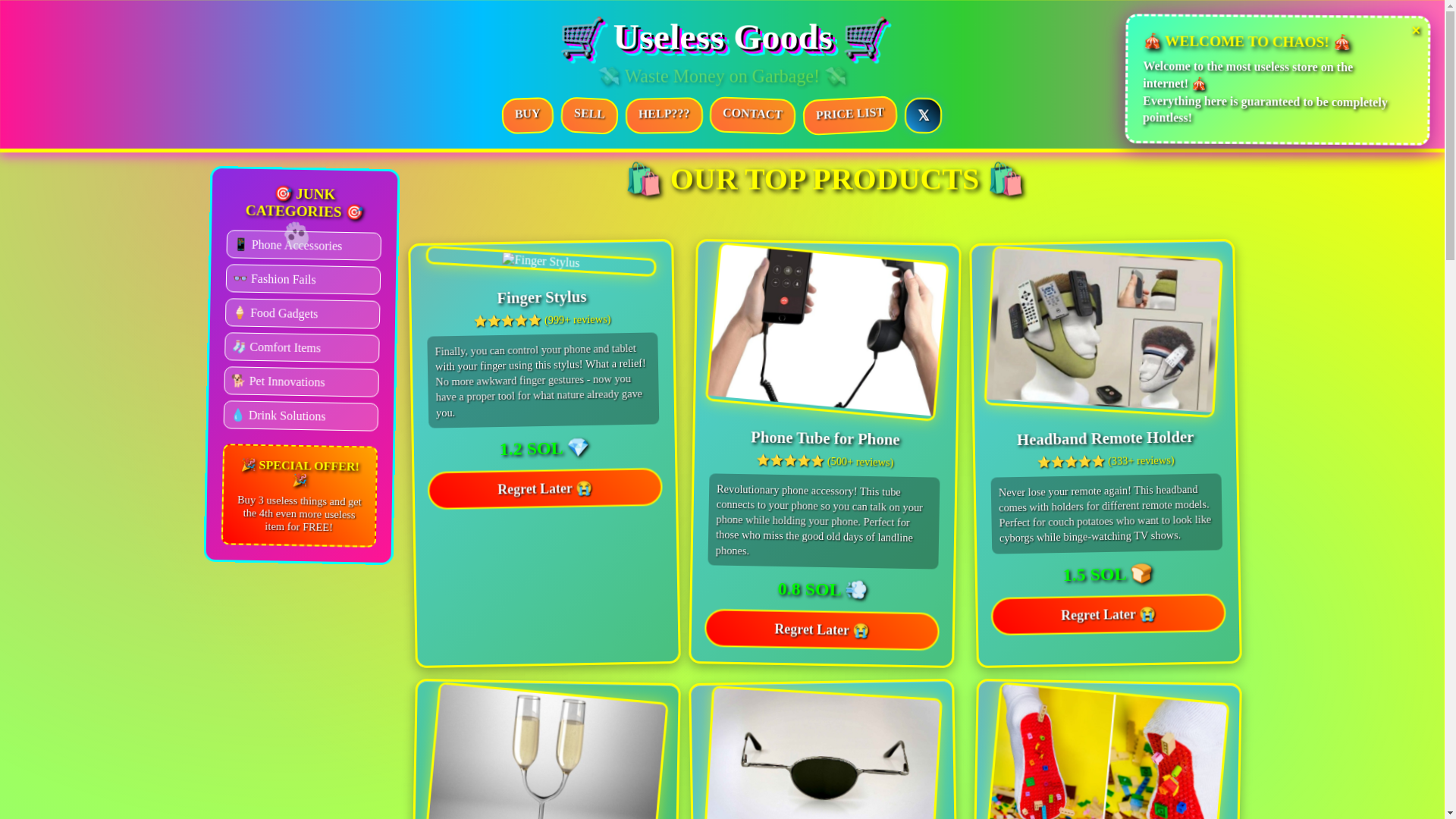 website screenshot of https://uselessgoods.org/