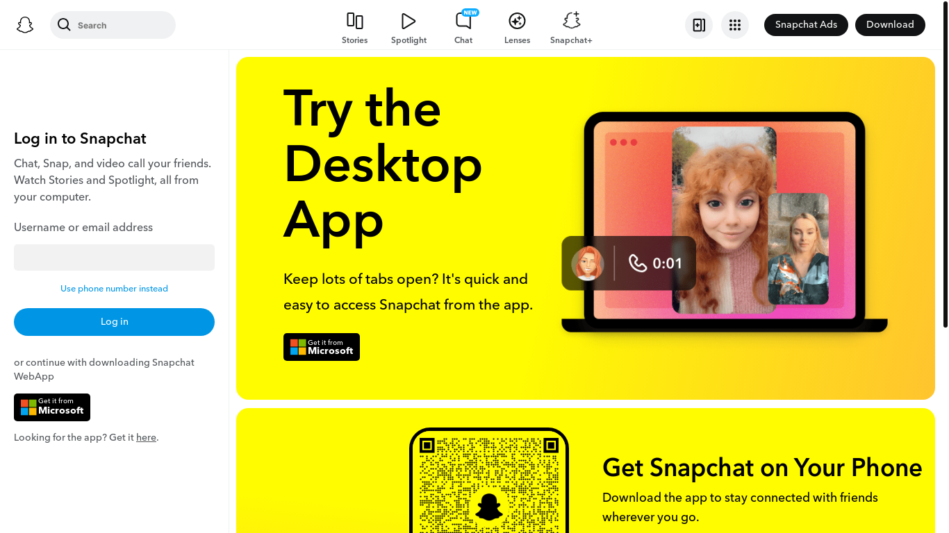 website screenshot of https://w.snapchat.com/