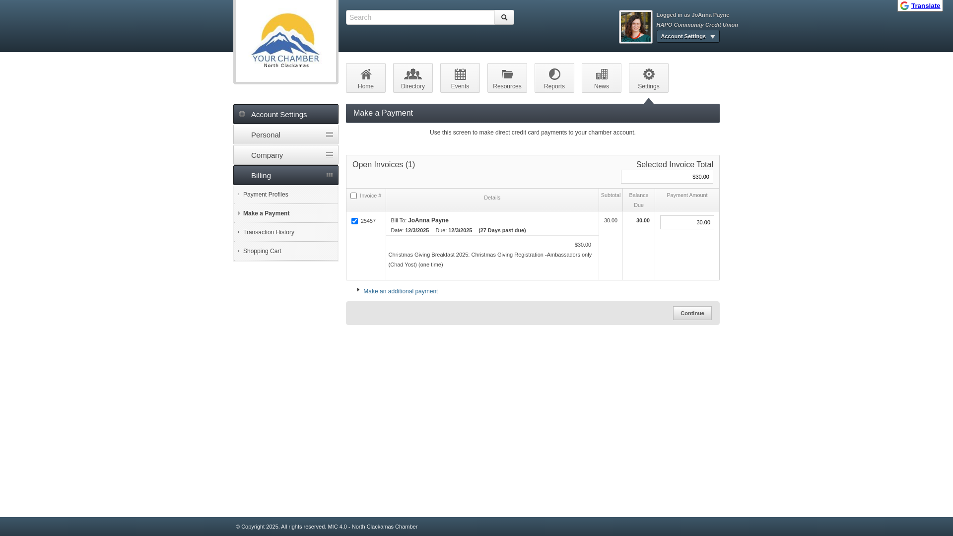 website screenshot of https://secure2.chambermaster.com/login/billpay/?token=j9zb0DfH%2F%2FneV4zpuYQecjzd%2FdJPkN8B