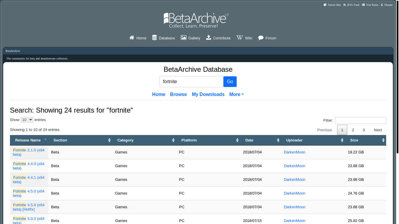 website screenshot of https://www.betaarchive.com/database/search.php?q=fortnite