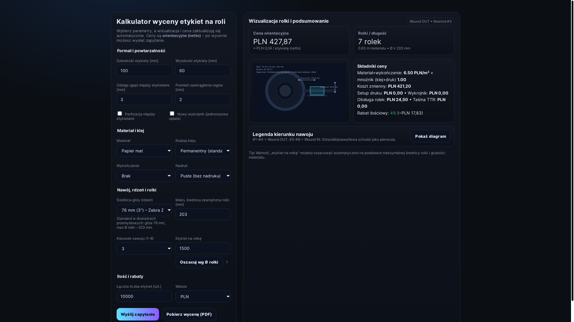 website screenshot of https://kalkulator-etykiet.pages.dev/