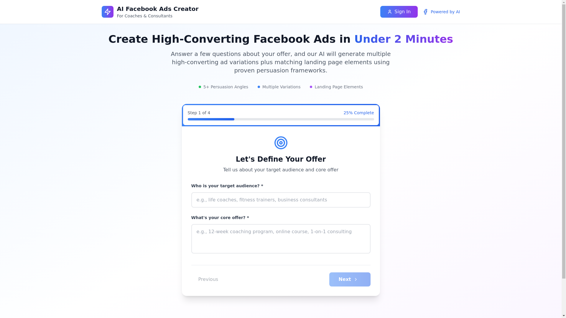 website screenshot of https://fbadscreator.com/