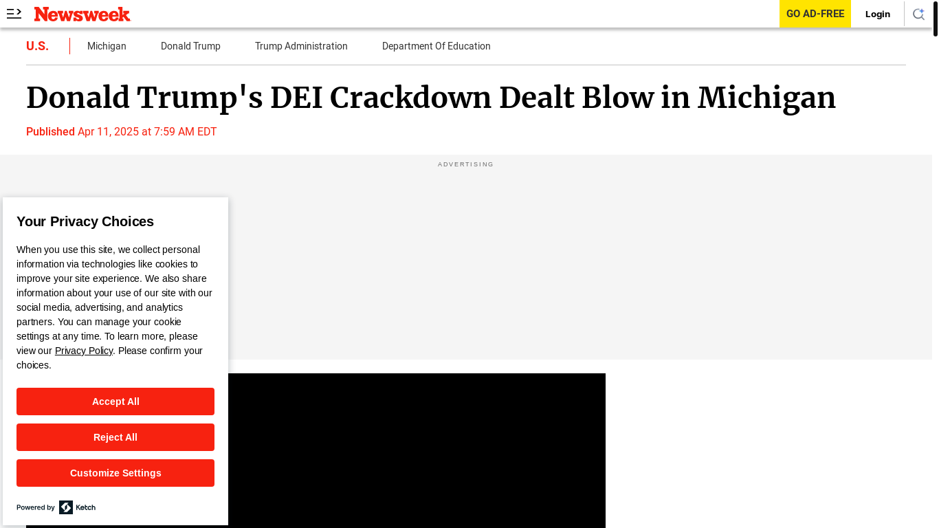 website screenshot of https://www.newsweek.com/michigan-dei-certification-trump-2058500