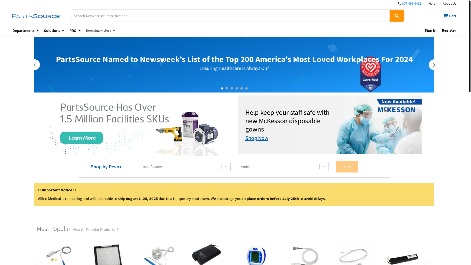 website screenshot of https://www.partssource.com/