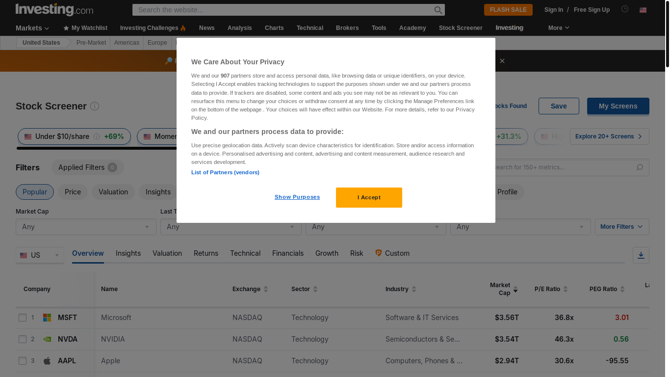 website screenshot of https://www.investing.com/stock-screener