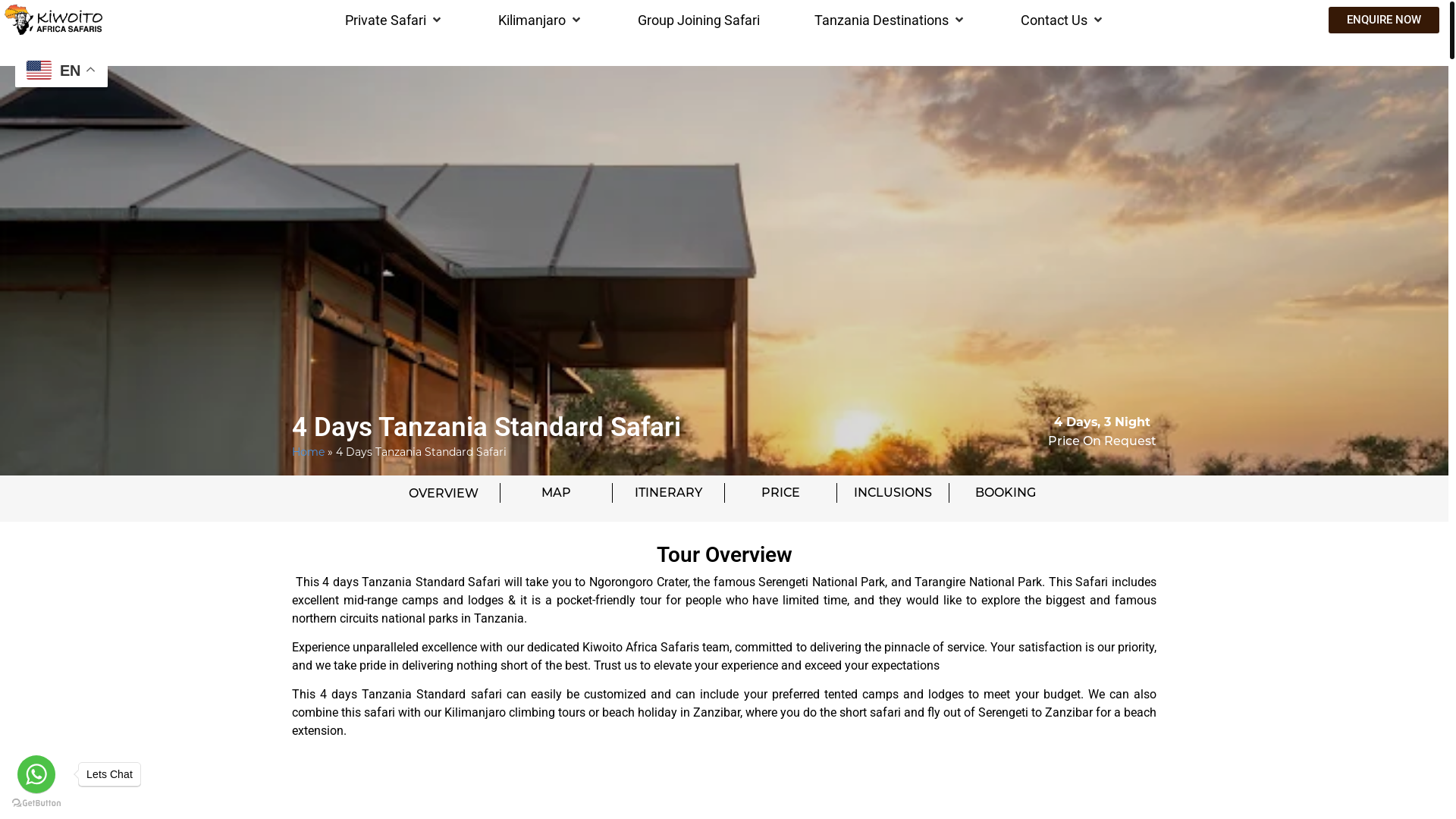 website screenshot of https://kiwoitoafricasafaris.com/4-days-tanzania-standard-safari-ngorongoro-tarangire/