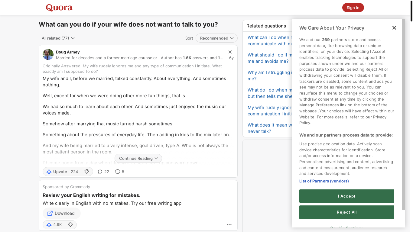 website screenshot of https://www.quora.com/What-can-you-do-if-your-wife-does-not-want-to-talk-to-you