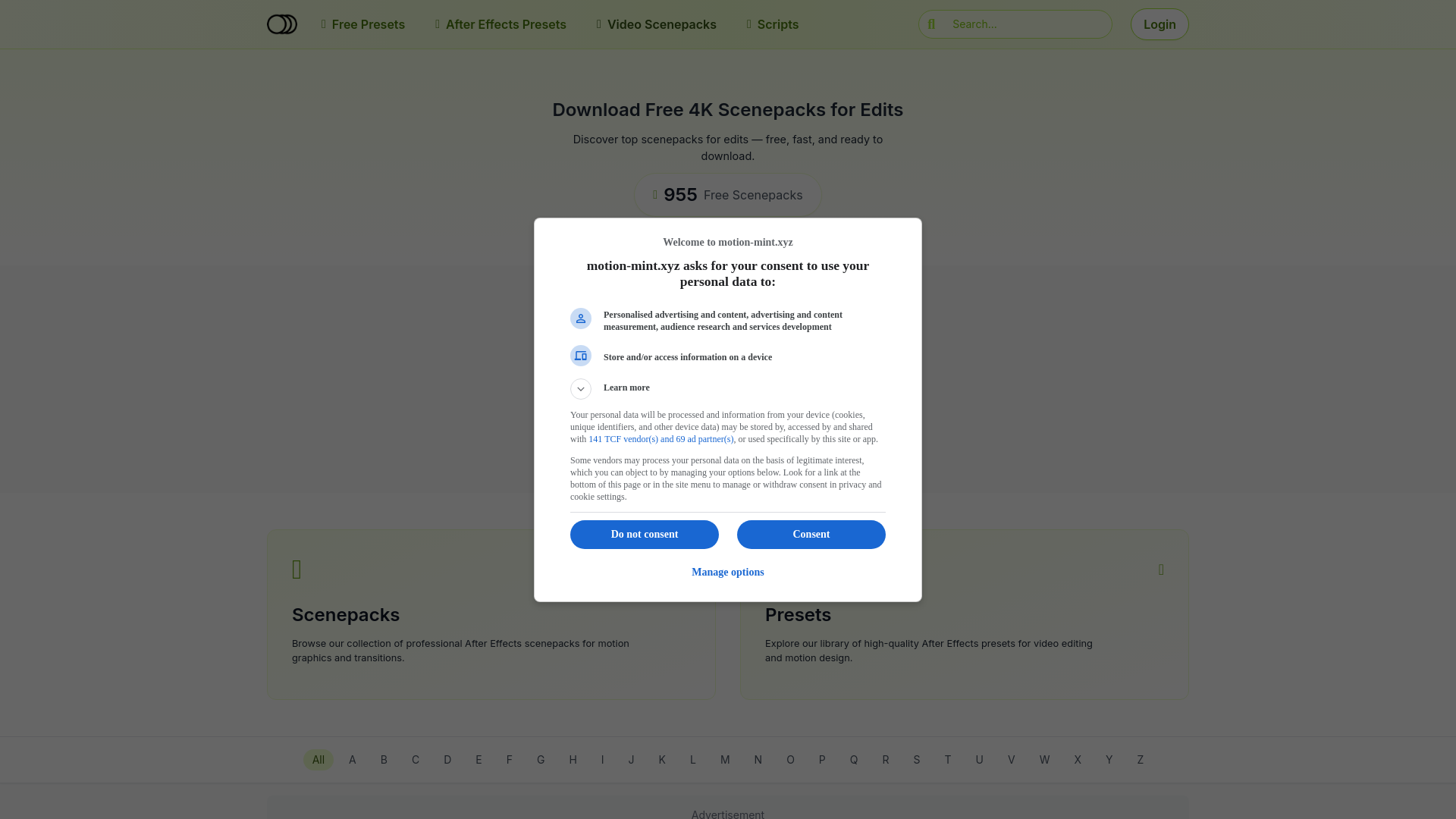 website screenshot of https://motion-mint.xyz/scenepacks